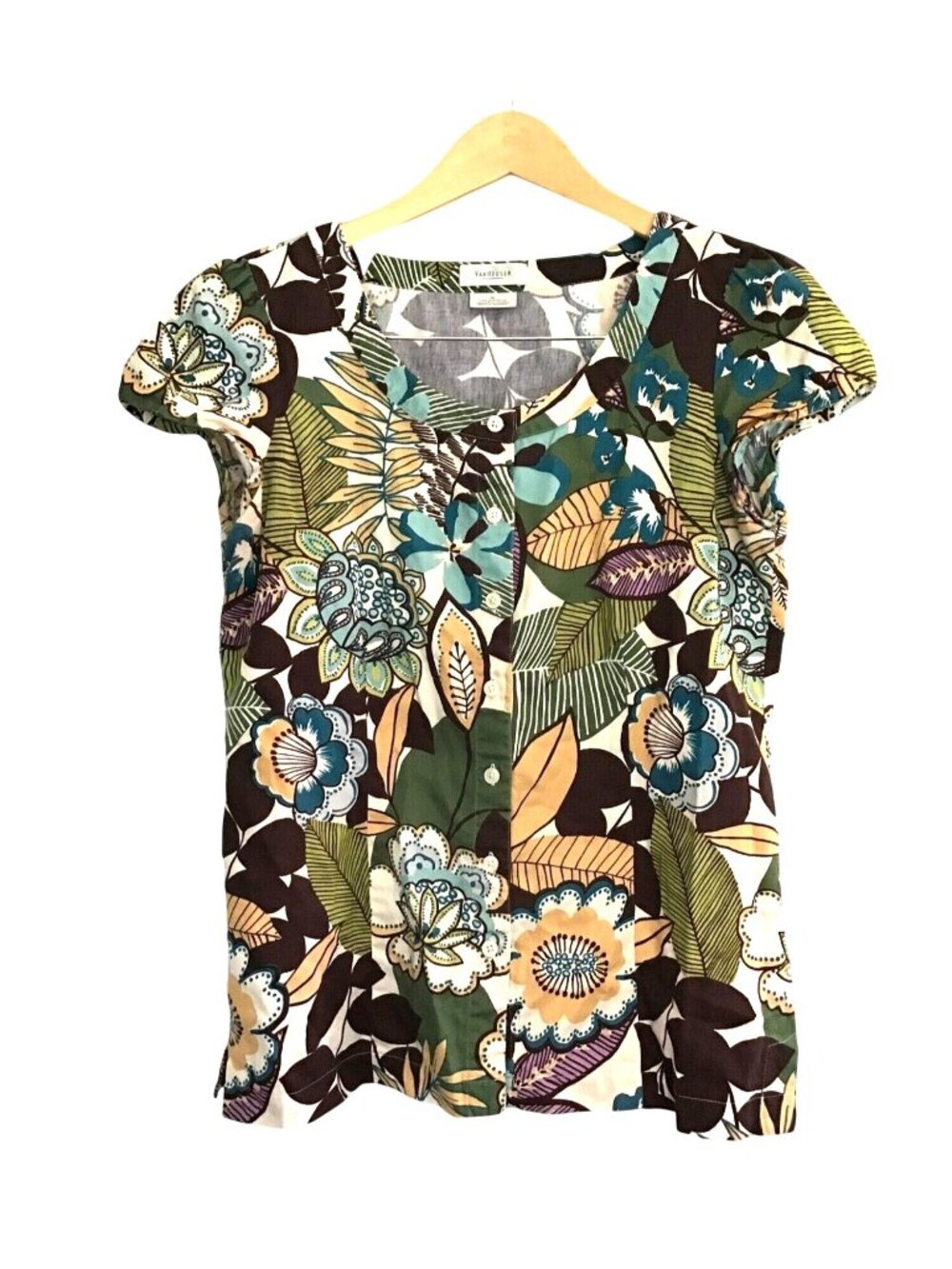 Van Heusen Womens Floral Print Button-Front Blouse Medium